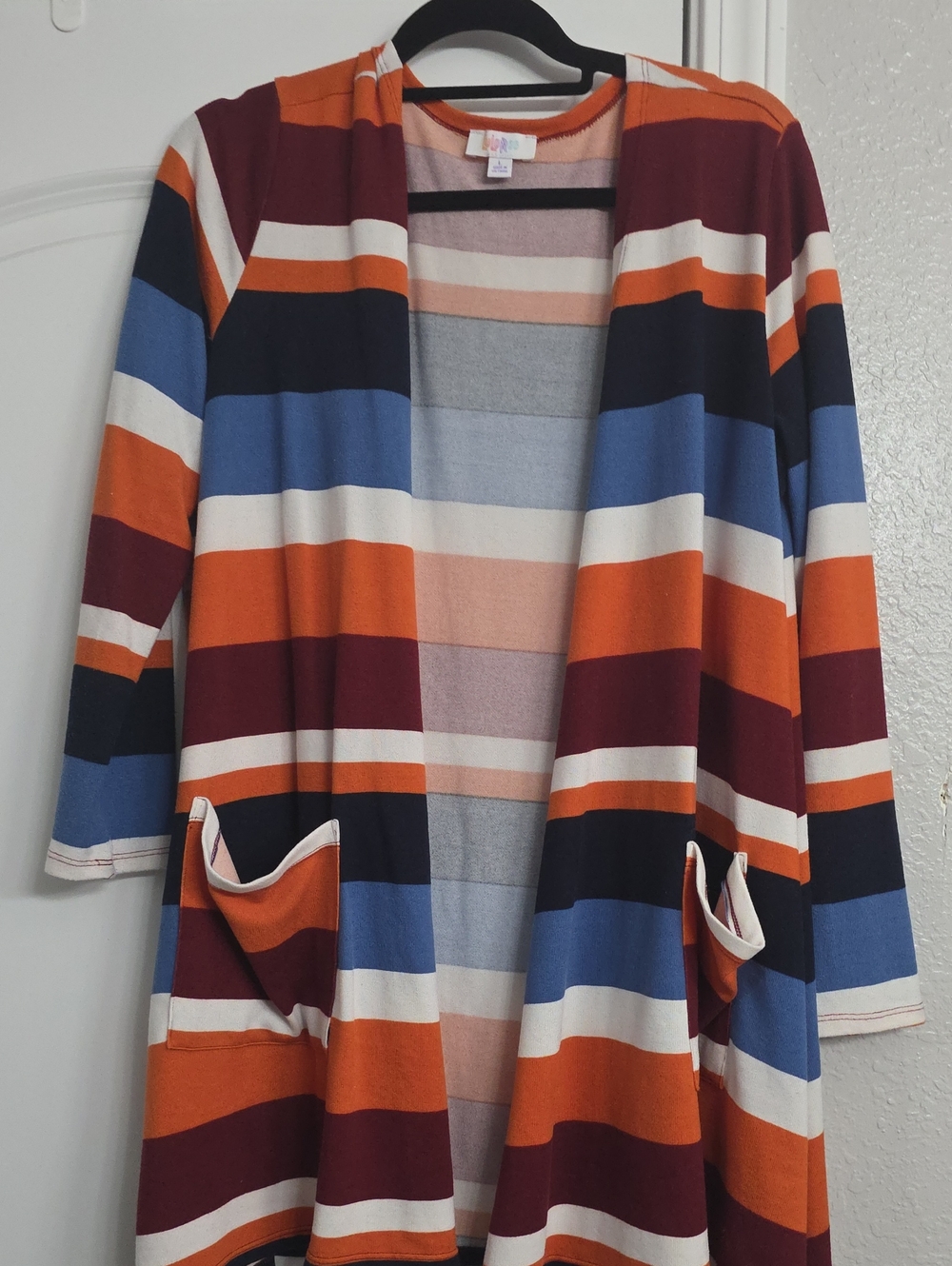 LuLaRoe Caroline Striped Open-Front Cardigan in Orange, Blue, Burgundy, Cream